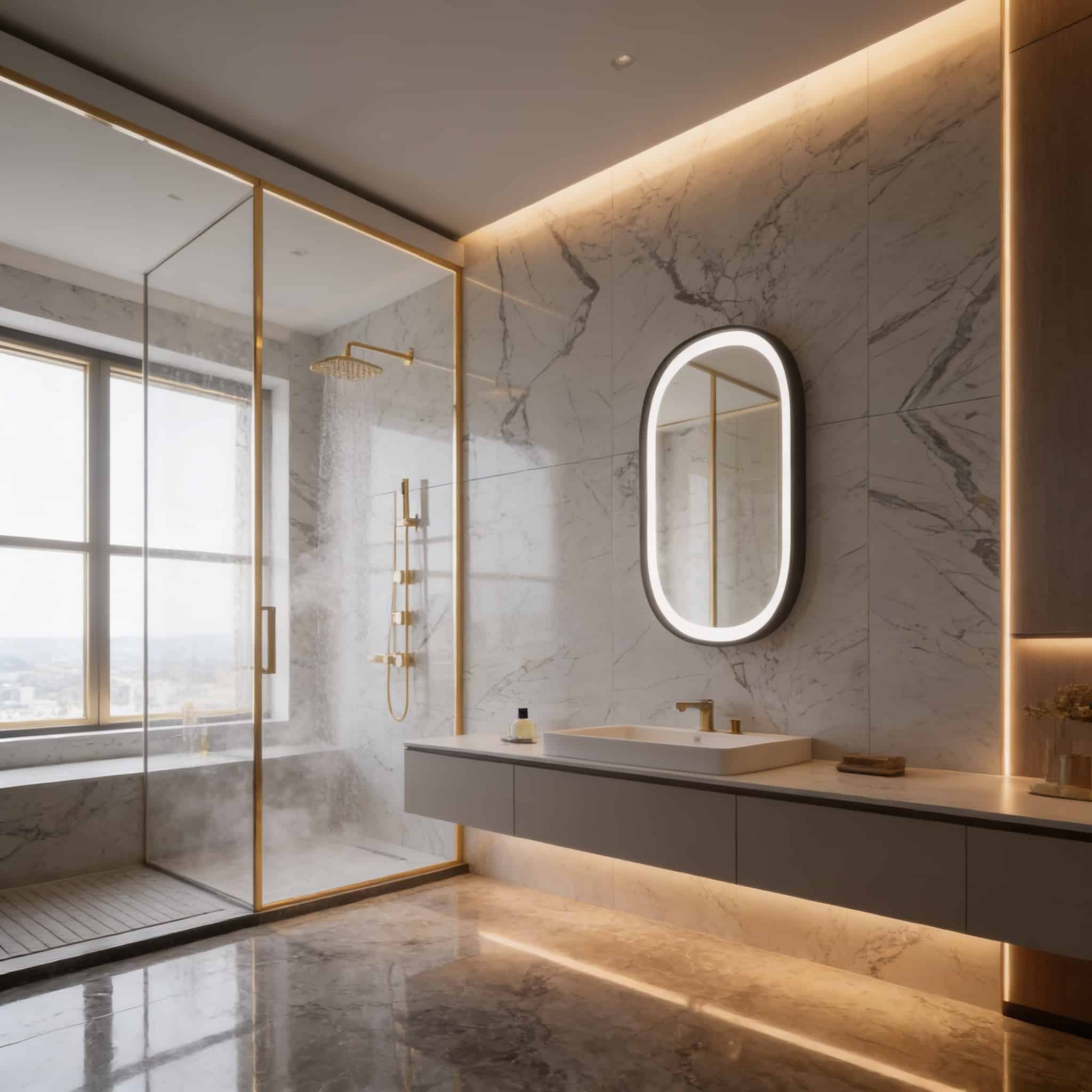 Luxury Marble Bathroom with Oval LED Mirror & Gold Accents