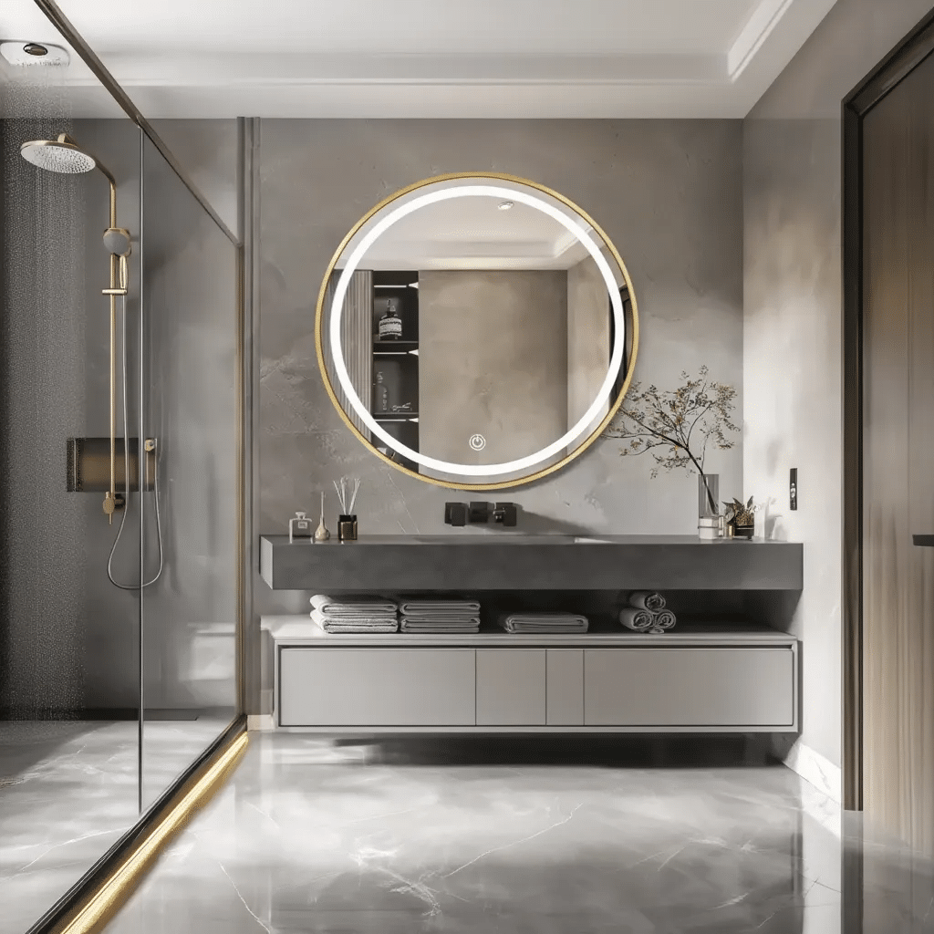 Modern Bathroom with Round LED Mirror & Gold Frame Elegance