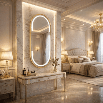 Luxury Bedroom Interior with Elegant Oval LED Mirror & Marble Vanity