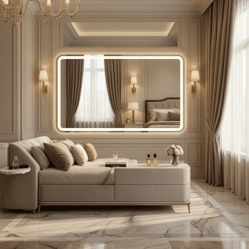 Luxury Bedroom Interior with Elegant Oval LED Mirror & Marble Vanity