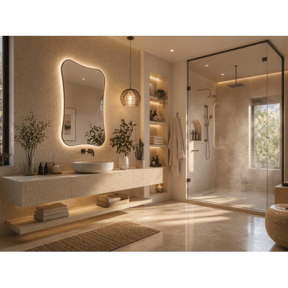 Warm Minimalist Bathroom with Organic Shape LED Mirror Design