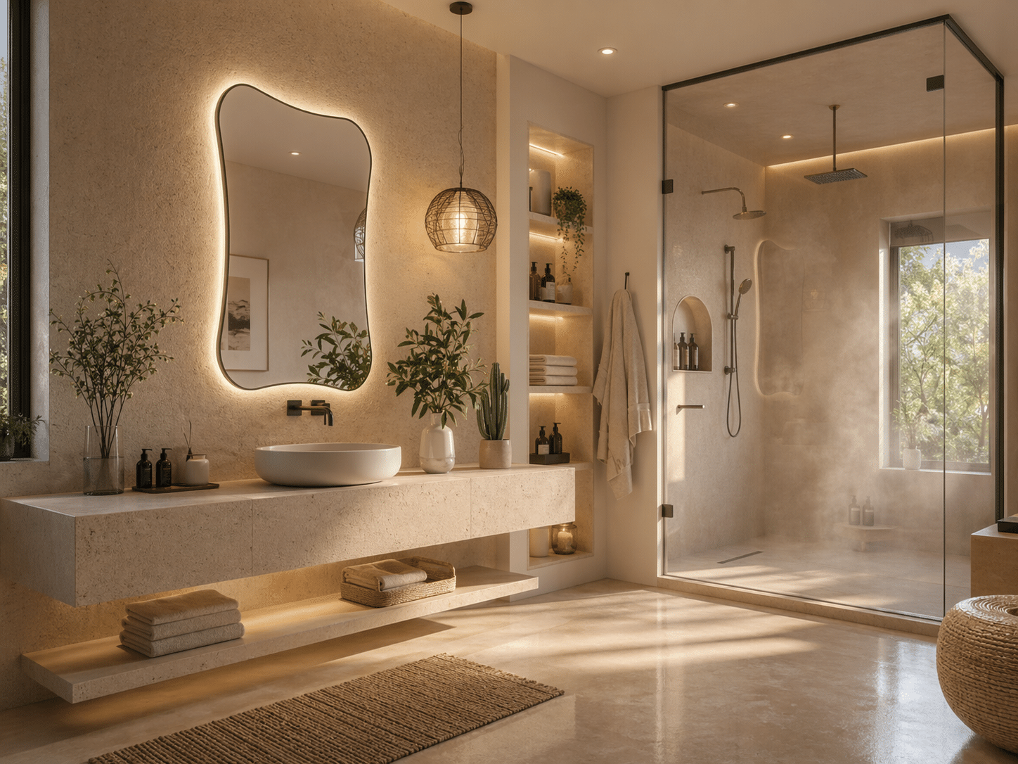 Warm Minimalist Bathroom with Organic Shape LED Mirror Design