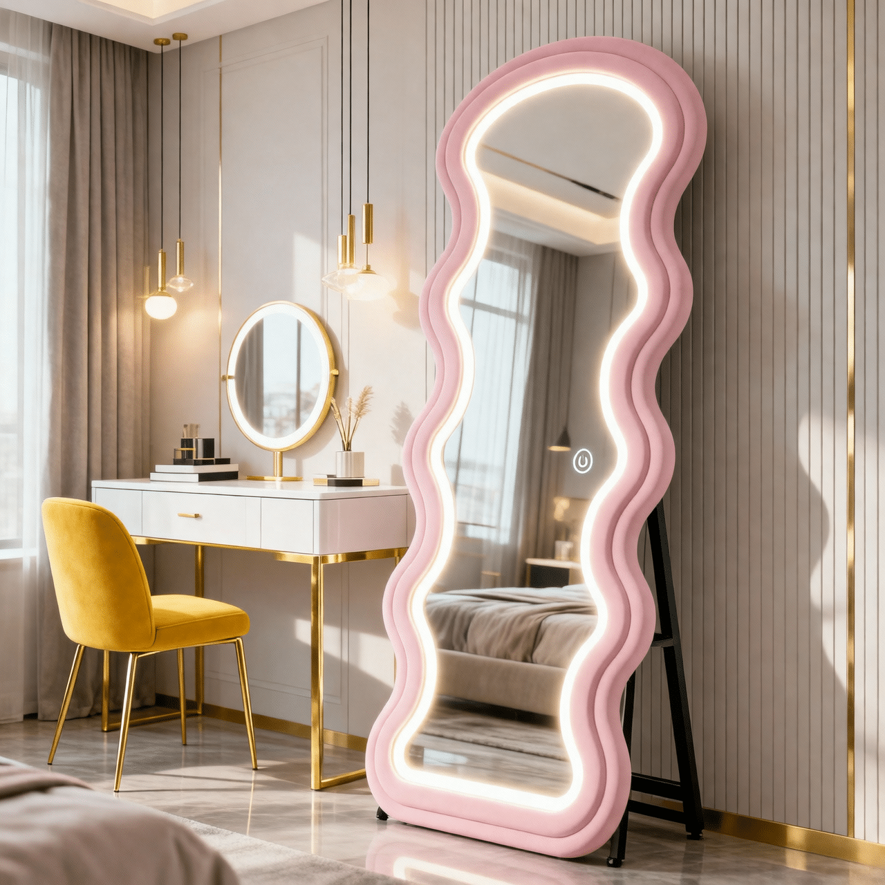 Modern Irregular Shape LED Floor Mirror with Soft Glow Frame