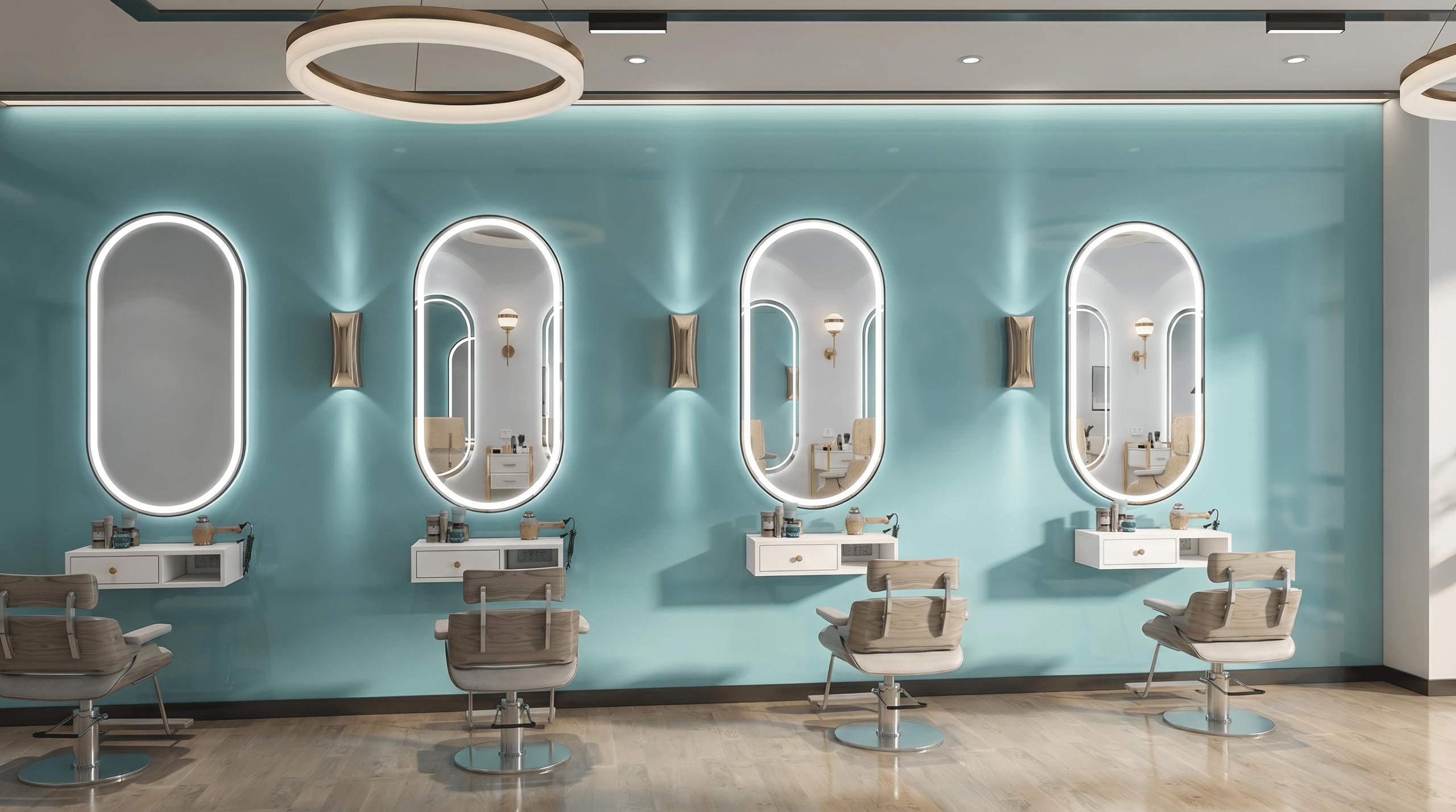 Luxury Hair Salon LED Mirror Setup with Elegant Arch Design