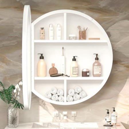 Round Bathroom Mirror Cabinet with Storage - White