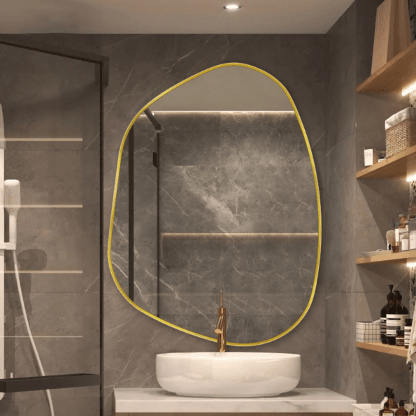 Modern Asymmetrical Wall Mirror with Anodized Aluminum Frame – Gold, Rose Gold, Matte Black, Brushed Silver