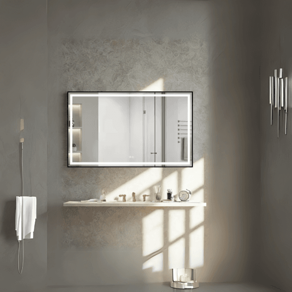 Rectangular LED Bathroom Mirror with Digital Display – Modern Design with Gold Frame