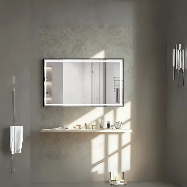 Rectangular LED Bathroom Mirror with Digital Display – Modern Design with Gold Frame
