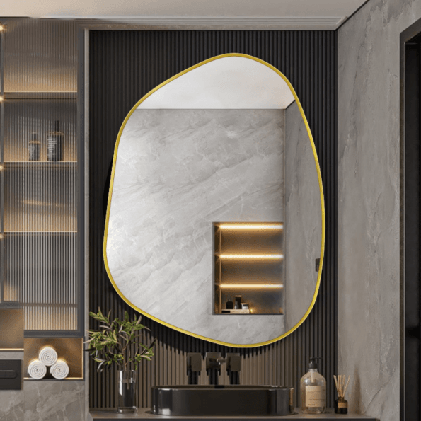 Modern Asymmetrical Wall Mirror with Anodized Aluminum Frame – Gold, Rose Gold, Matte Black, Brushed Silver