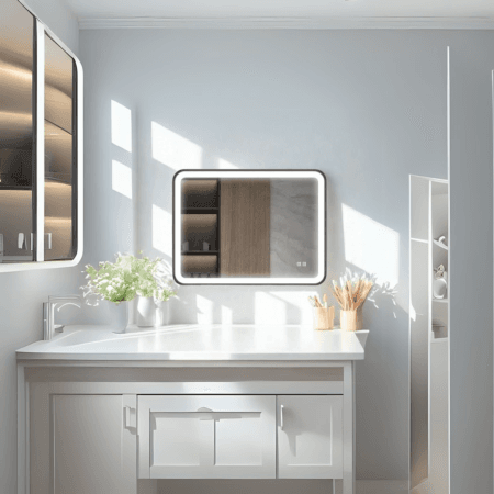 Modern Rectangular LED Mirror – Black Stainless Steel Frame with Shelving
