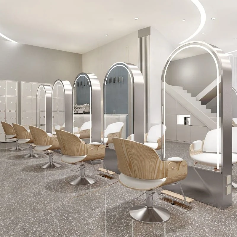 Arched LED Salon Mirror with Power Outlets – Silver Stainless Steel