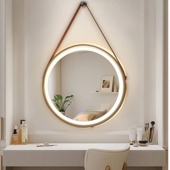 Round Wooden Framed Hanging Mirror – Solid Oak Frame with Leather Belt