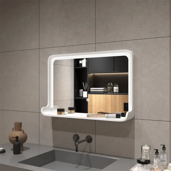 LED Bathroom Mirror with Shelf – Solid Wood Frame, Modern Vanity Mirror