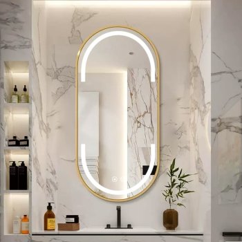 Gold LED Bathroom Mirror – Modern Rounded Rectangle with Stainless Steel Frame
