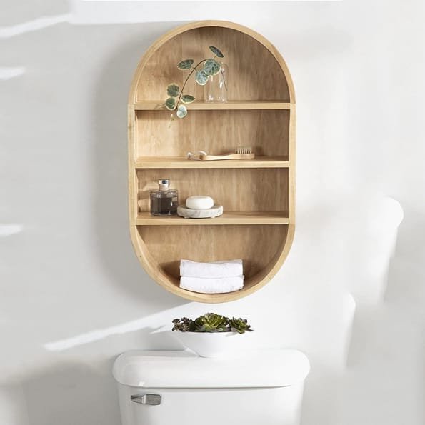 Oval Wooden Mirror Cabinet - Natural Finish Storage