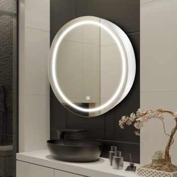 Round LED Mirror Cabinet – Grey Steel Storage