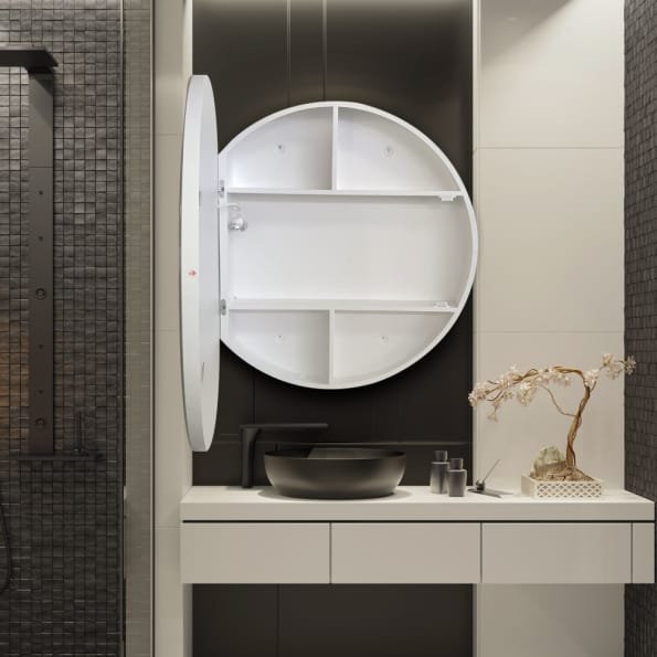 Round LED Mirror Cabinet – Grey Steel Storage