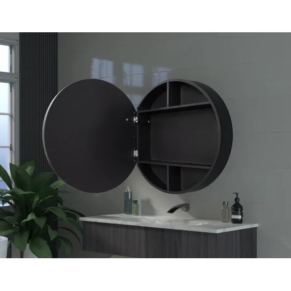 Round Bathroom Mirror Cabinet with Open Shelving