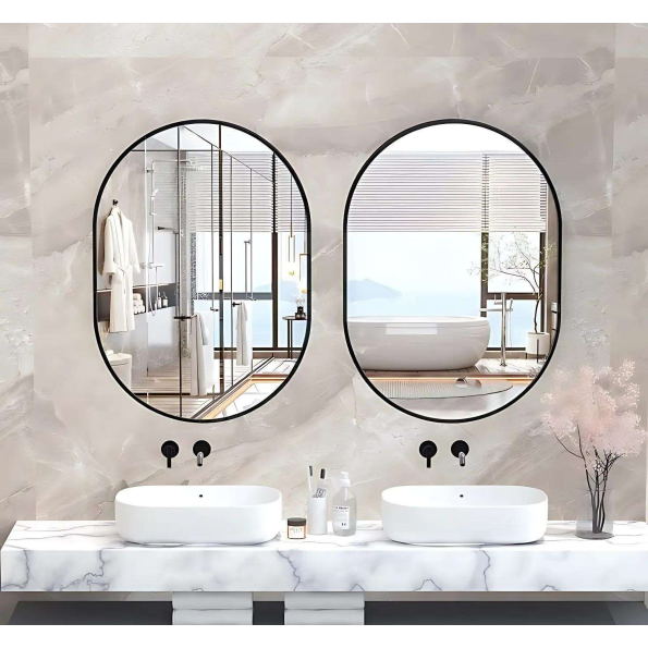 Modern Oval Bathroom Mirror Set - Anodized Aluminum Frame