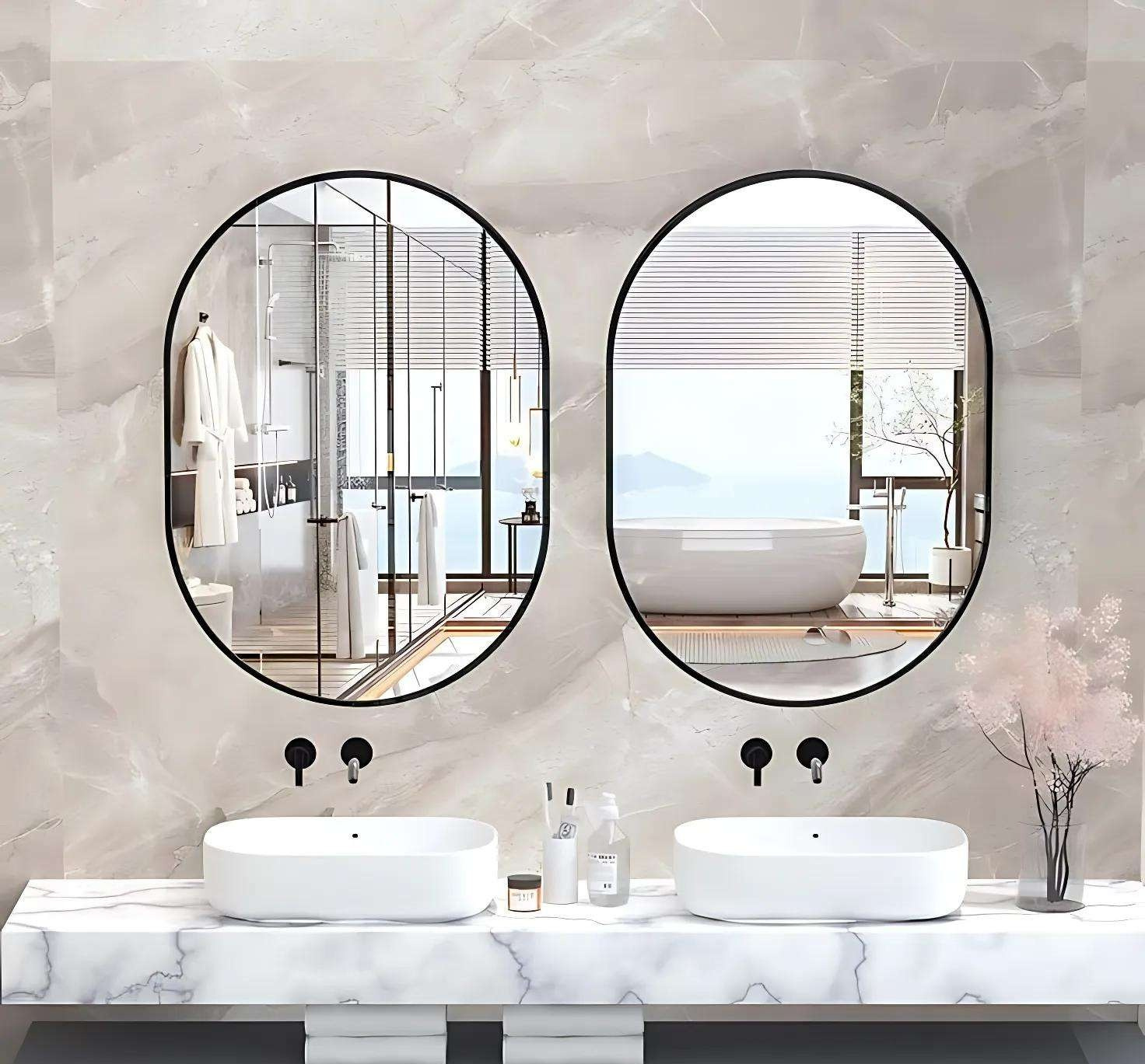 Modern Oval Bathroom Mirror Set - Anodized Aluminum Frame