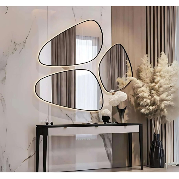 Modern Abstract Irregular Wall Mirror Set - LED Backlit - Anodized Aluminum Frame