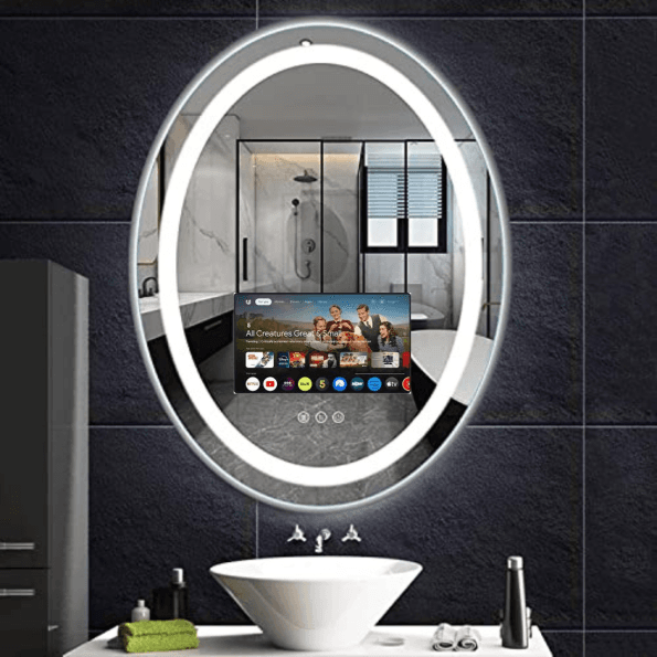 Elegant Oval Smart Mirror with Android TV – Waterproof & Energy-Efficient Design