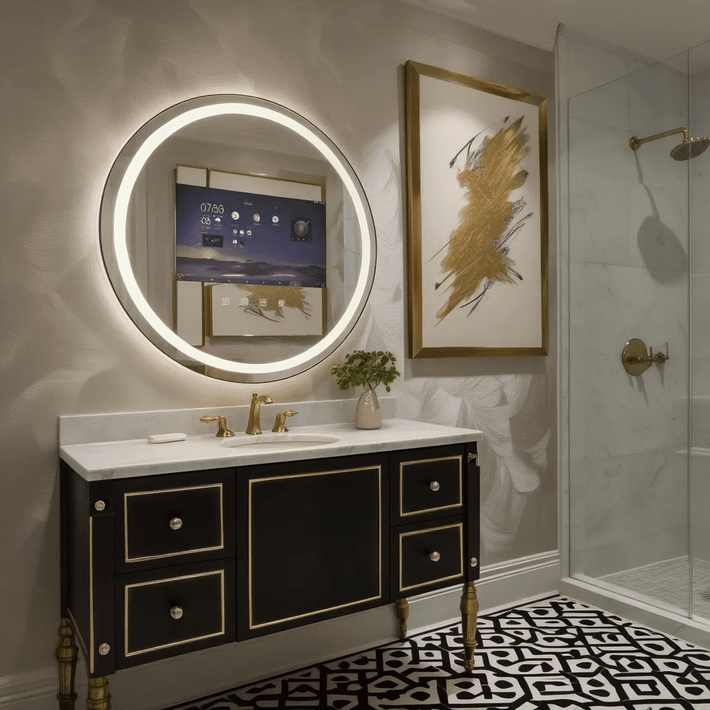 Round Smart Android TV LED Mirror with Touch & Remote – Luxury Bathroom Tech with Frame