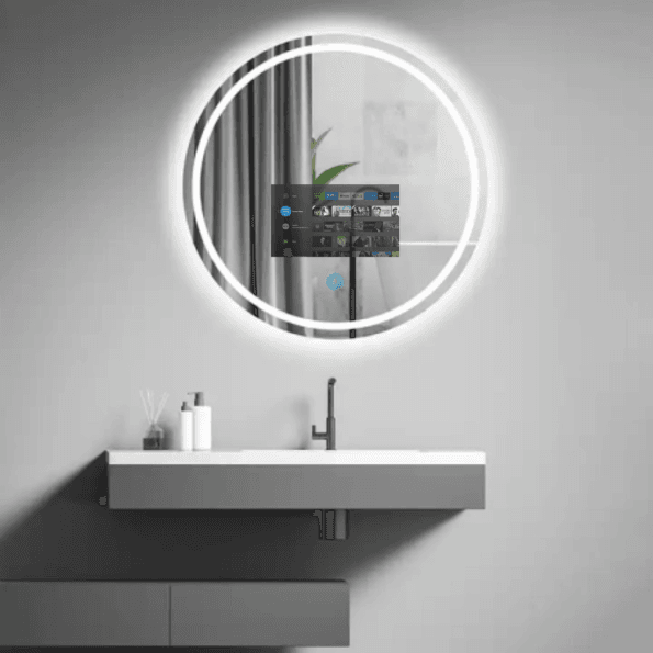 Round Smart Android TV LED Mirror with Touch & Remote – Luxury Bathroom Tech with Frame
