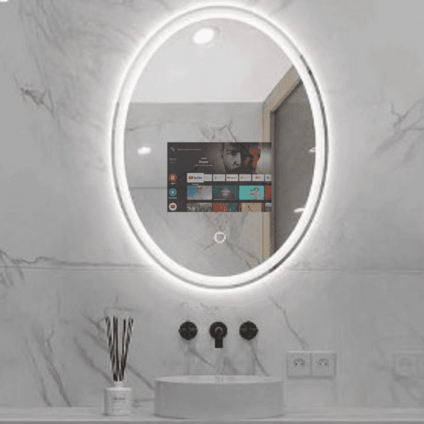 Elegant Oval Smart Mirror with Android TV – Waterproof & Energy-Efficient Design