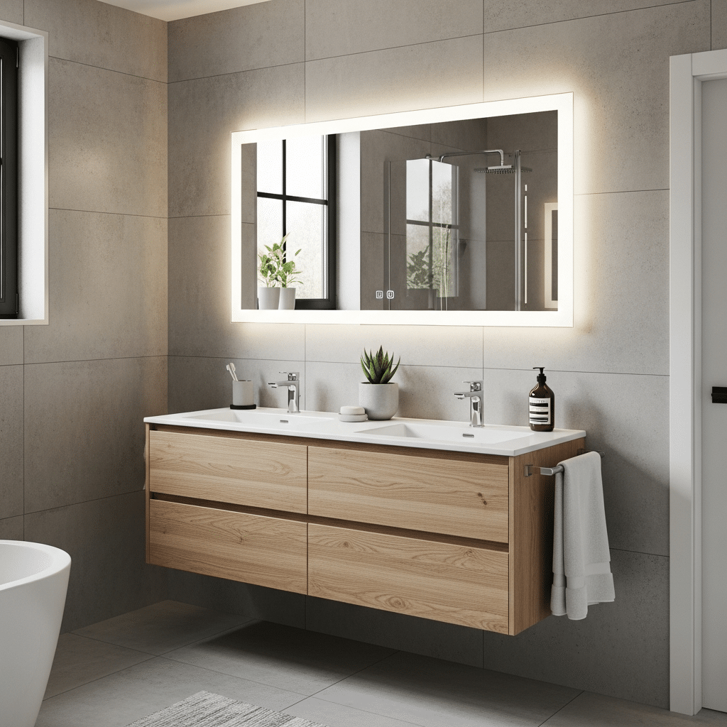 Minimalist Bathroom Design with Backlit LED Mirror