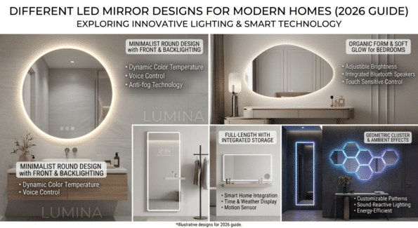 Different LED Mirror Designs for Modern Homes (2026 Guide) | Smart & Stylish Lighting Solutions